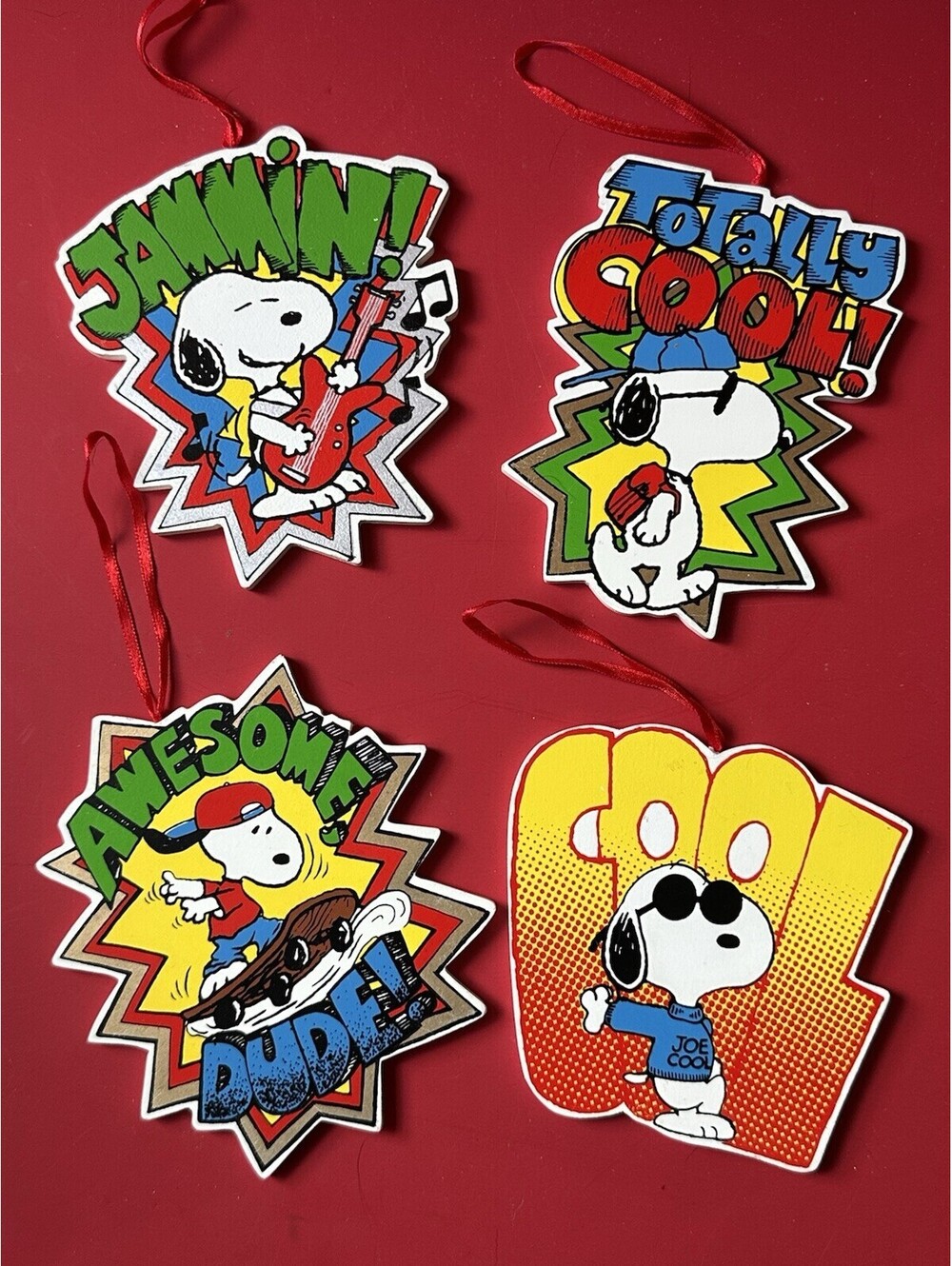 Snoopy Joe Cool Rockstar Wooden United Feature Syndicate Ornaments Set Of 4